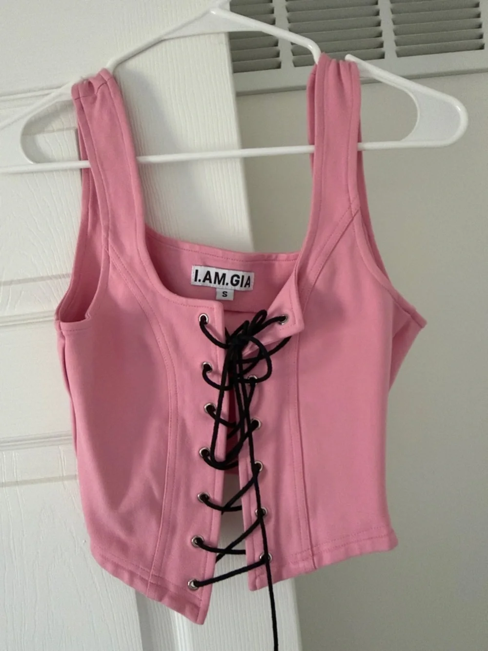 I.AM.GIA Pink Lace-Up Corset Crop Top with Black Ties - Picture 1 of 3